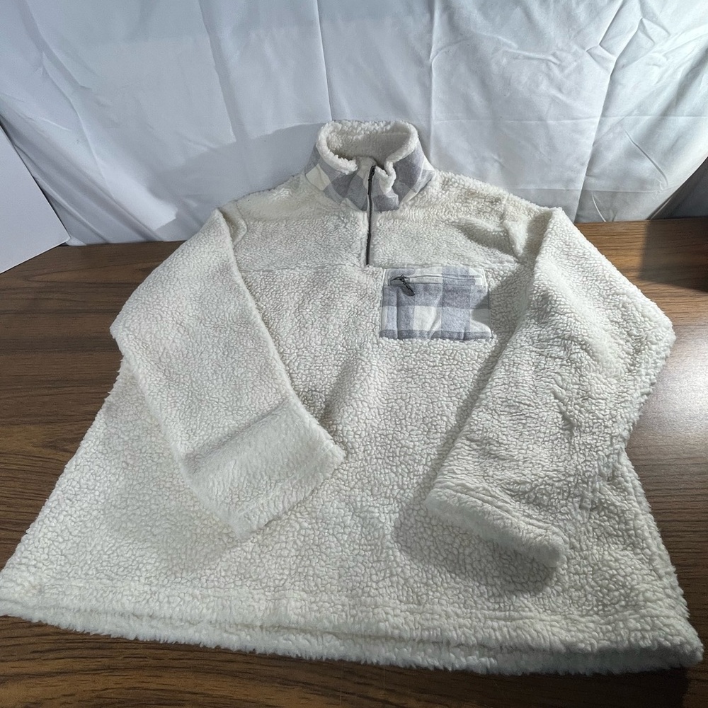 Natural Reflections Size 1X Soft Sherpa 1/4 Zip Pullover W/Pockets,  Plaid Trim